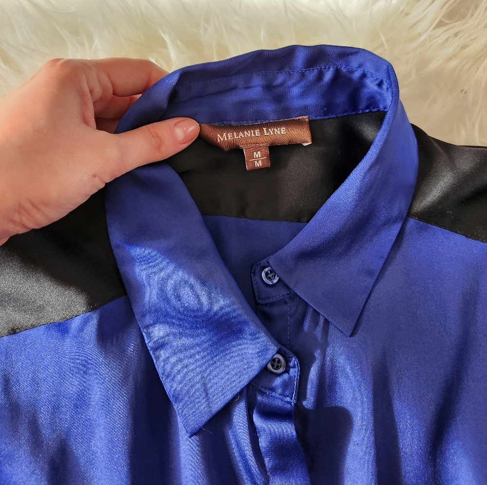 Melanie Lyne Silk Blue and Black Button-Up Shirt - Picture 2 of 4
